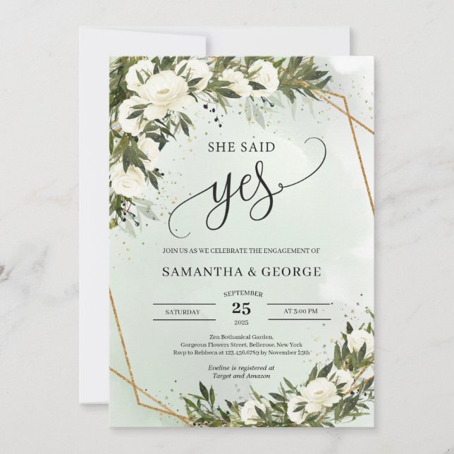 Invitación Boho Olive foliage blanco rosas oro dijo que sí (Anverso)