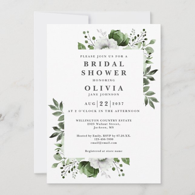Invitación Boho Olive Green Elegent Floral Bridal Shower (Anverso)