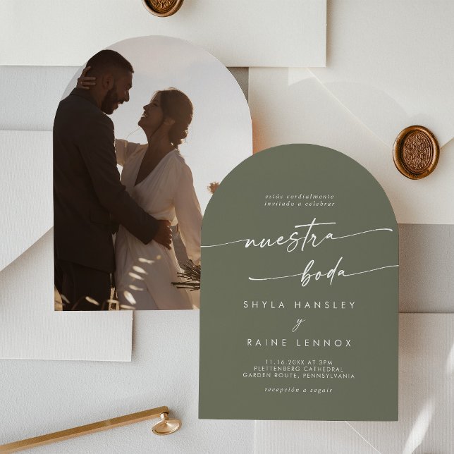 Invitación Boho Olive Green Photo Arch Boda español (Subido por el creador)