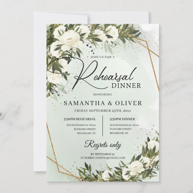 Invitación Boho Olive verde rosas blancas marco de oro falso (Anverso)