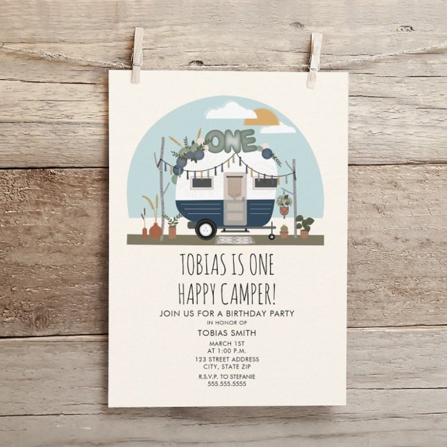 Invitación Boho One Happy Camper 1er cumpleaños Fiesta Azul (Subido por el creador)
