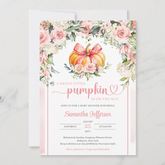 Invitación Boho opulento acuarela rubor floral arco calabaza (Anverso)