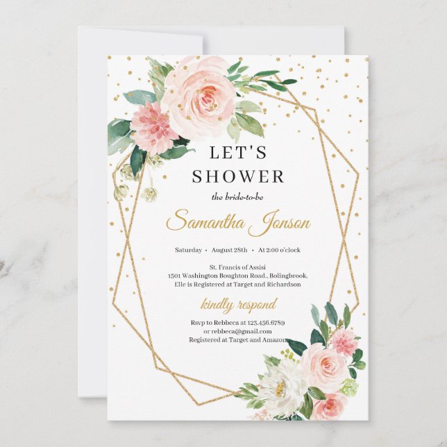 Invitación Boho oro geométrico rubor rosa floral novia (Anverso)