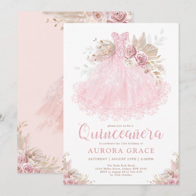 Invitación Boho Oro Rosa Quinceañera Princesa Vestido Cumplea (Anverso / Reverso)