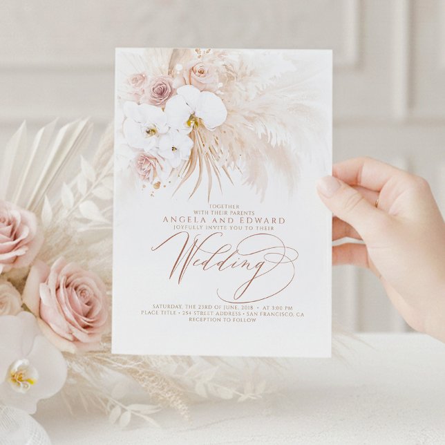 Invitación Boho Orquídeas Blancas Botánicas Boda de Grass Pam (White Orchids and Pampas Grass Boho Wedding Invitations)