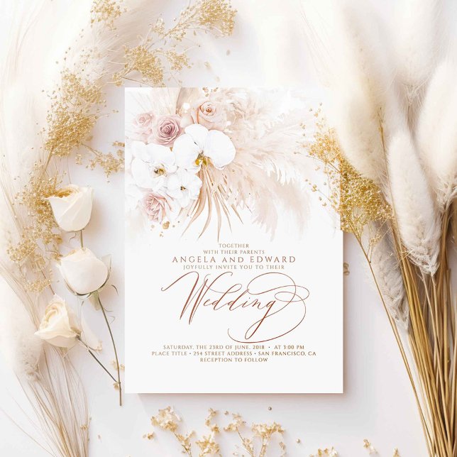 Invitación Boho Orquídeas Blancas Botánicas Boda de Grass Pam (White Orchids and Pampas Grass Boho Wedding Invitations)