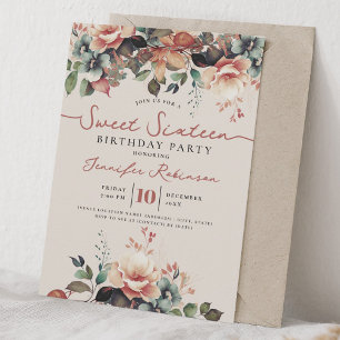 Invitación Boho Otoñal Floral Dulces 16 Cumpleaños Champán