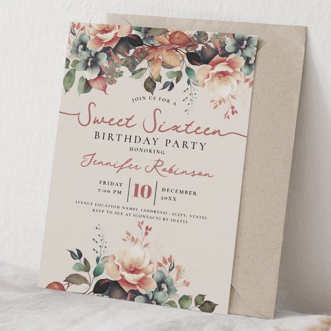 Invitación Boho Otoñal Floral Dulces 16 Cumpleaños Champán (Girly Boho Fall Floral Sweet 16 Birthday Champagne Invitation)