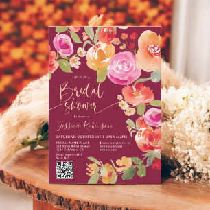 Invitación Boho otoño acuarela floral QR ducha de novia roja