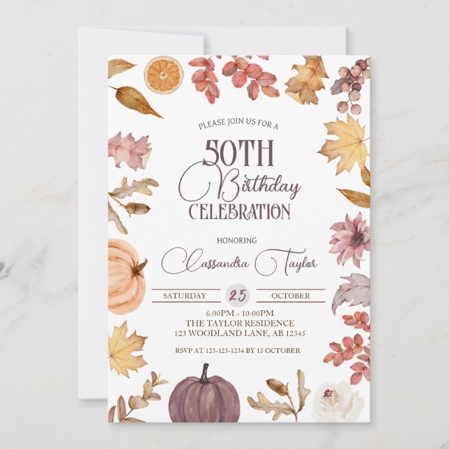 Invitación Boho otoño cumpleaños número 50, cumpleaños de la  (Anverso)