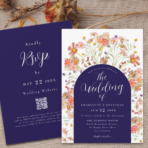 Invitación Boho Otoño Flor Silvestre Azul Marino Blanco Boda