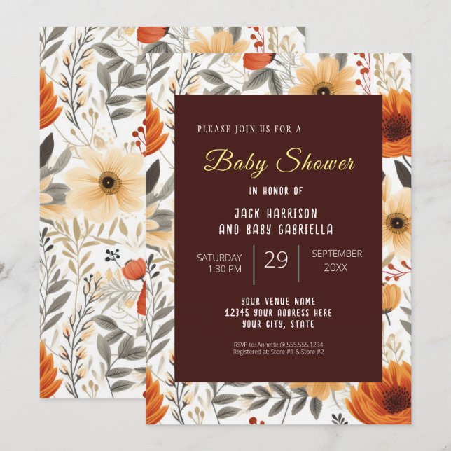 Invitación Boho otoño Floral Brown Baby Shower (Anverso / Reverso)