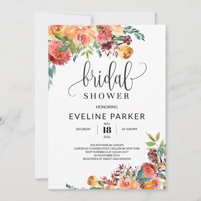 Invitación Boho otoño marigold y las flores borgoñosas rubias (Anverso)