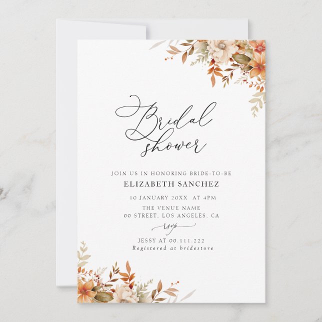 Invitación boho otoño otoño florals ducha de novia (Anverso)