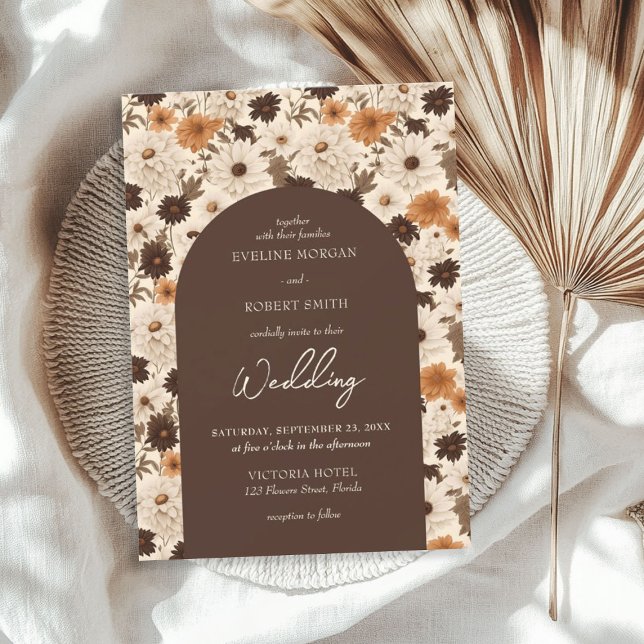 Invitación Boho otoño polvoriento marrón naranja marfil arque (Boho autumn brown dusty orange ivory arched invitation)
