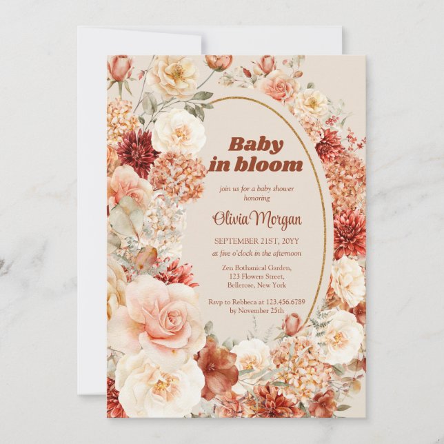 Invitación Boho otoño terracota burgundy floral groovía bebé (Anverso)