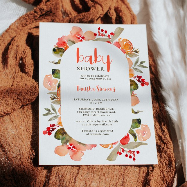 Invitación Boho otoño terracota escritura floral bebé ducha (Boho fall terracotta floral script baby shower invitation)