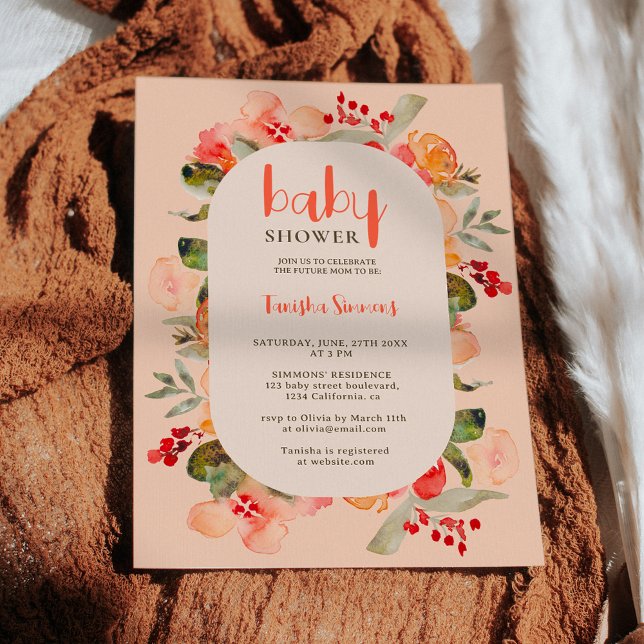 Invitación Boho otoño terracota escritura floral bebé ducha (Boho fall terracotta floral script baby shower invitation on light pink)