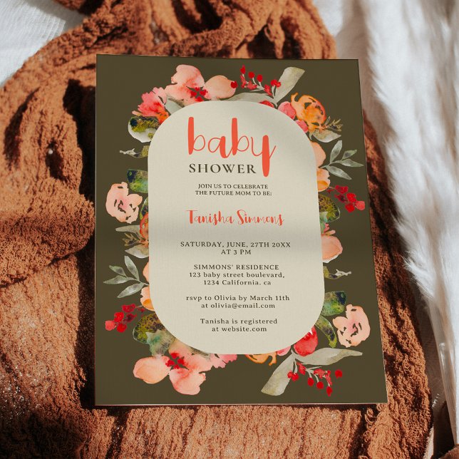 Invitación Boho otoño terracota escritura floral bebé ducha (Boho fall terracotta floral script baby shower invitation on green)