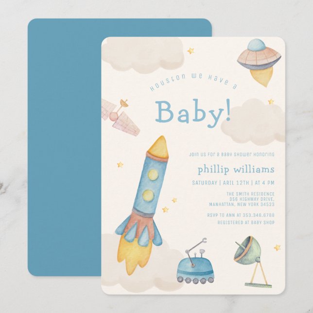 Invitación Boho Outer Space Spaceship Rocket Baby Shower (Anverso / Reverso)