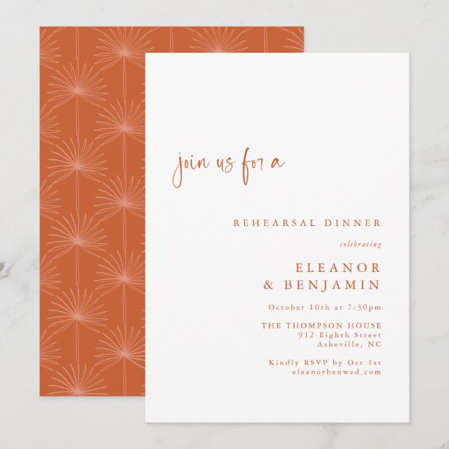 Invitación Boho Palm Cena de ensayo de terracota botánica (Anverso / Reverso)