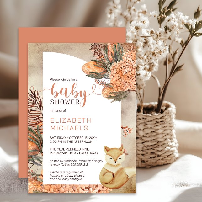 Invitación Boho Palm deja a Hydrangeas Chica Baby Shower (Boho Palm Leaves Hydrangeas Sleeping Fox Girl Baby Shower Invitation - Print | Digital Download)