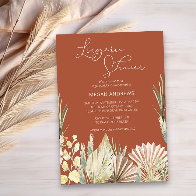 Invitación Boho Palm Dried Foliage Terracotta Lingerie Shower (Lingerie Bridal Shower Invitation in burnt orange with boho dried foliage and flowers)