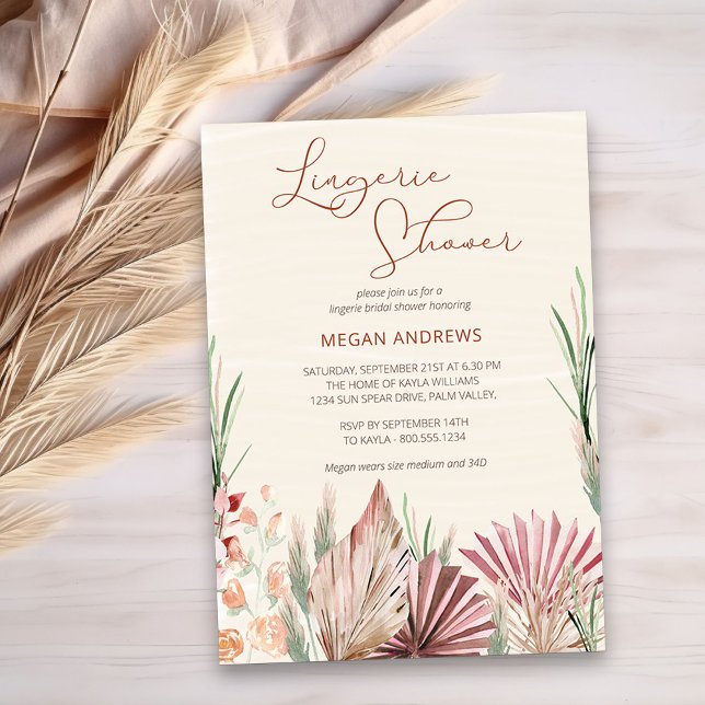 Invitación Boho Palm Dried Tropical Foliage Lingerie Shower (Lingerie Bridal Shower Invitation with boho dried foliage and flowers)