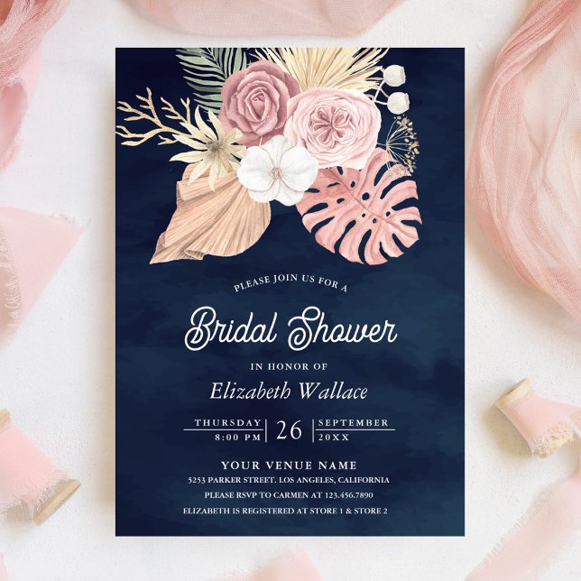 Invitación Boho Palm Dusty Rosa Rosa Rosada Marina Ducha Azul (Subido por el creador)