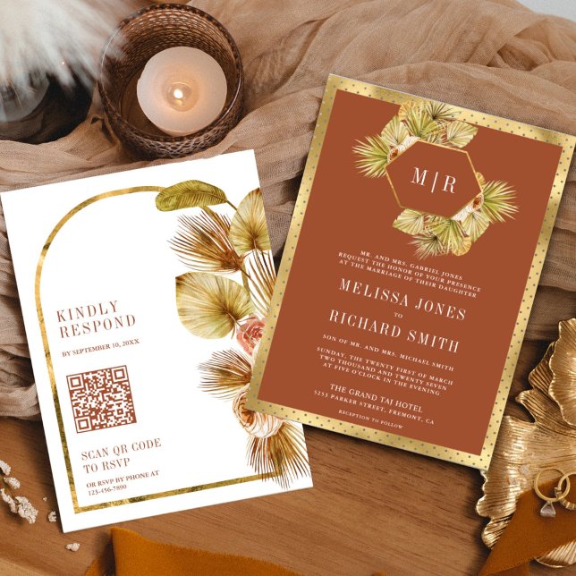 Invitación Boho Palm Earthy Floral Terracotta QR Código Boda (Subido por el creador)