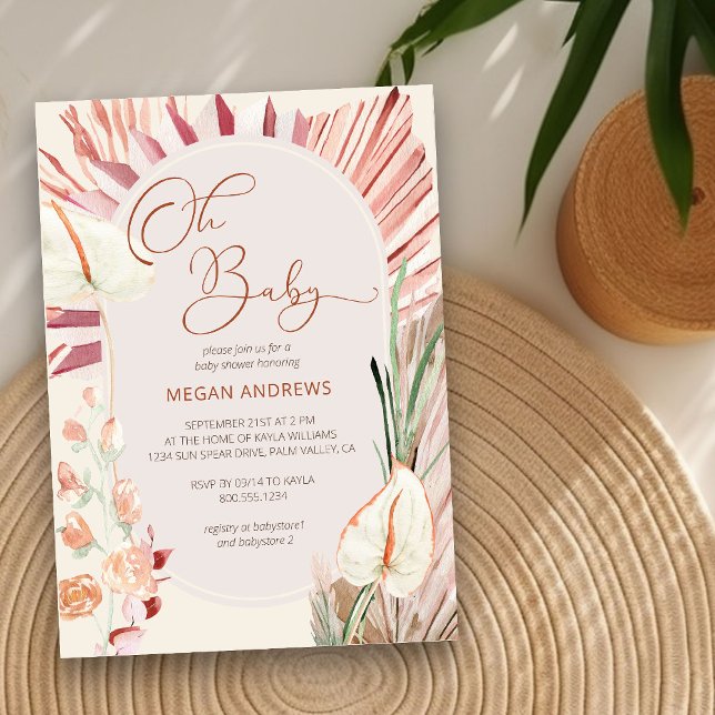 Invitación Boho Palm Oh Baby Dried Foliage Rustic Baby Shower (Neutral Baby Shower Invitation with boho palm leaves)