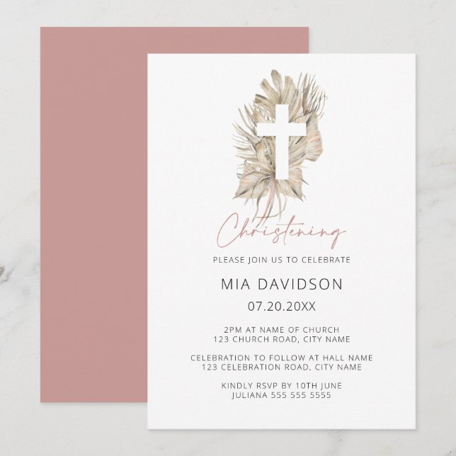 Invitación Boho Palm Pink Watercolour Floral Cross Christenin (Anverso / Reverso)