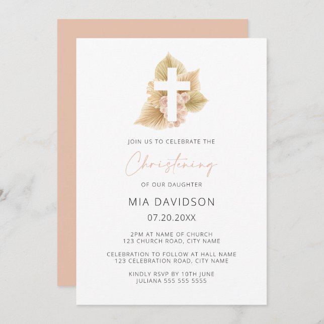 Invitación Boho Palm Rosa Rubor Cruz Floral Rosa Christening (Anverso / Reverso)