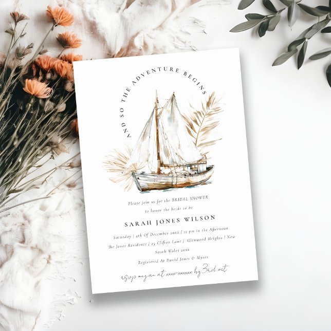 Invitación Boho Palm Sailboat Seascape Bridal Shower (Subido por el creador)