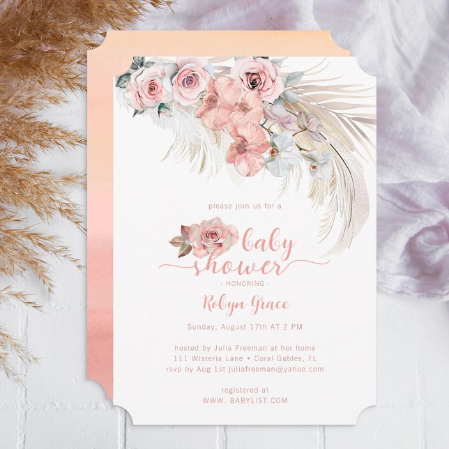 Invitación Boho Pampas Baby Shower invita a Rubor Floral (Boho Floral Baby Shower Invite)