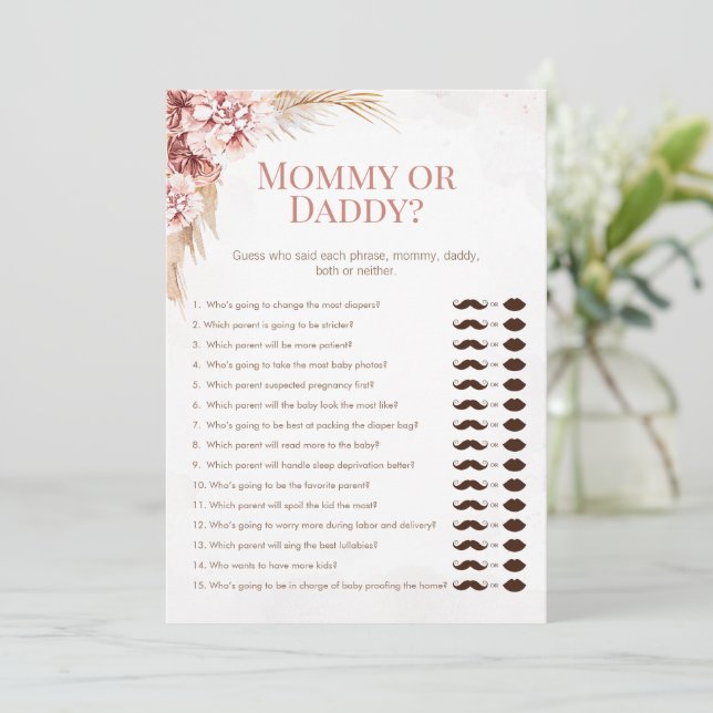 Invitación Boho Pampas Baby Shower Mommy Daddy Game Card (Anverso de pie)