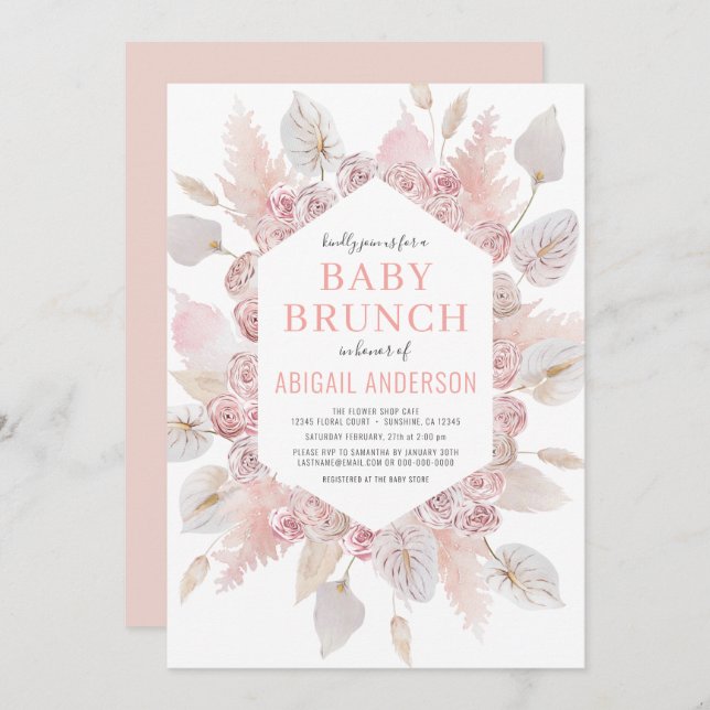 Invitación Boho Pampas Bebé de hierba Brunch Elegante Rubor R (Anverso / Reverso)