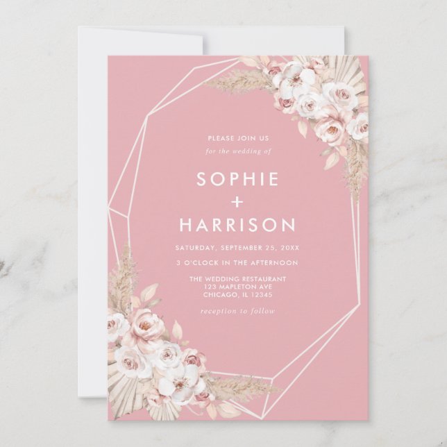 Invitación Boho Pampas Boda de Grass Inv. Rosa con polvo geom (Anverso)