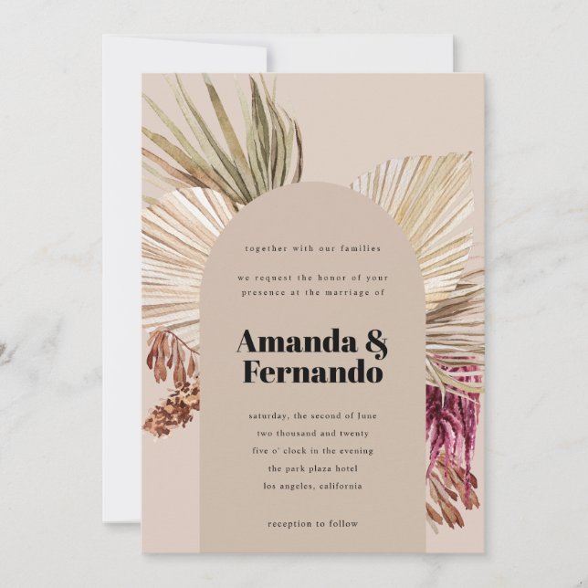 Invitación Boho Pampas Boda del Arco del Desierto de las Hoja (Anverso)