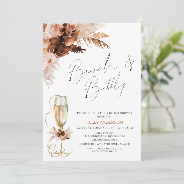 Invitación Boho Pampas Brunch Floral Bubbly Bridal Shower (Anverso de pie)