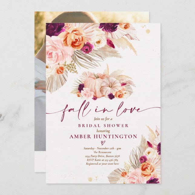 Invitación Boho Pampas Cae Enamorada Ducha De Novias (Anverso / Reverso)