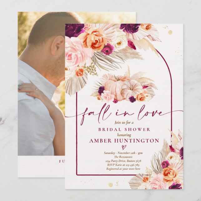 Invitación Boho Pampas Cae Enamorada Ducha De Novias (Anverso / Reverso)