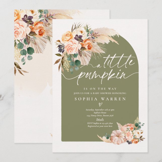 Invitación Boho Pampas Calabaza Baby Shower Olive Green (Anverso / Reverso)