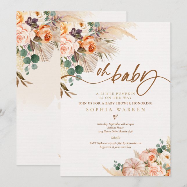 Invitación Boho Pampas Calabaza Baby Shower Terracotta (Anverso / Reverso)