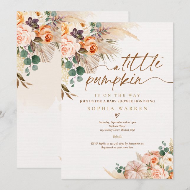 Invitación Boho Pampas Calabaza Baby Shower Terracotta  (Anverso / Reverso)