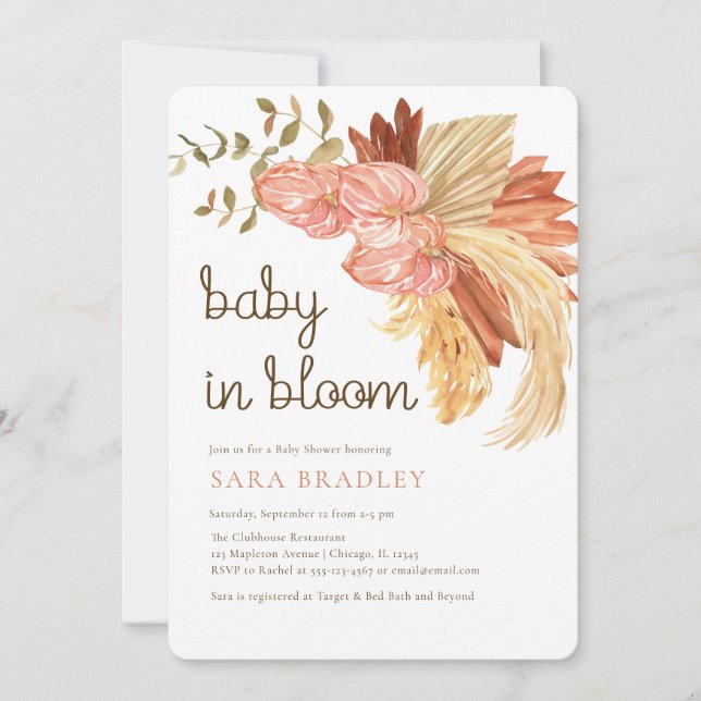 Invitación boho pampas césped eucalyptus anthurio Baby Shower (Anverso)