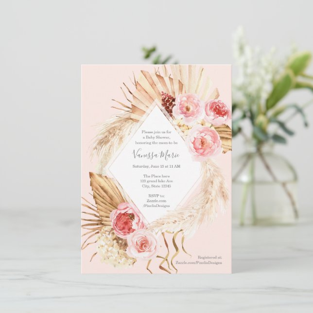 Invitación Boho Pampas césped rosa florido bebé ducha (Anverso de pie)