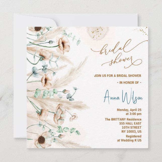 Invitación Boho pampas césped Wildflower Bridal Shower (Anverso)
