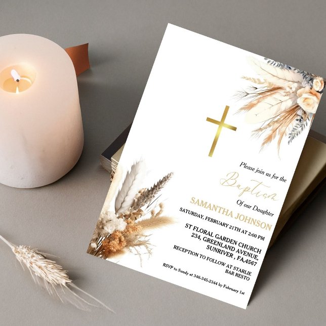 Invitación Boho Pampas Chica de Grass Baptism Christening (Subido por el creador)
