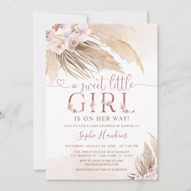 Invitación Boho Pampas Chica de Grass Orchid Rosa Baby Shower (Anverso)